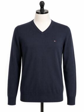 Tommy Hilfiger Men's Logo Pullover Navy V-Neck Sweater - Size Medium